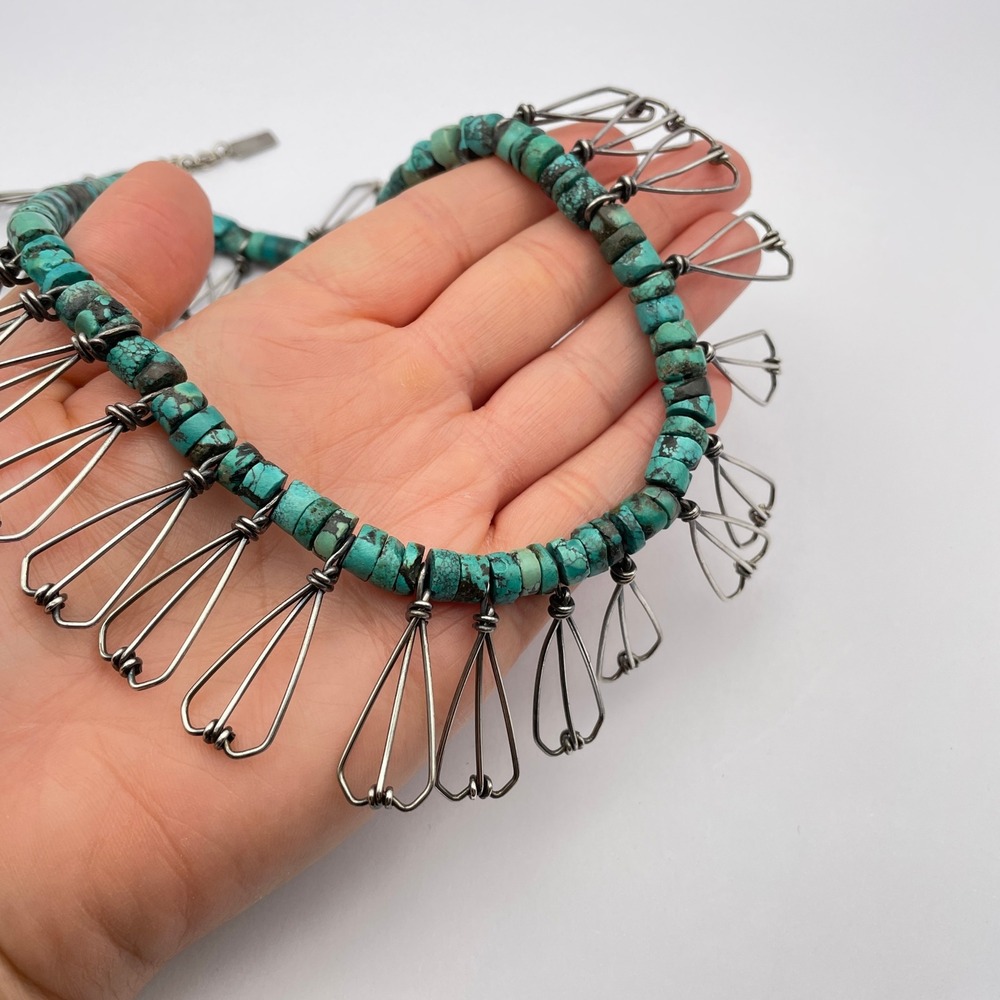 Sterling Silver‎ Bohemian Turquoise Heishi Style Fringe Collar Necklace - Picture 8 of 12